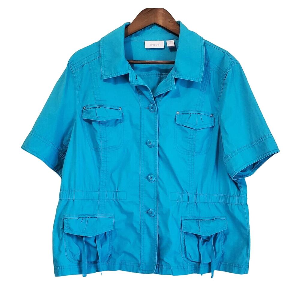 Chico's Turquoise Button-Front Short Sleeve Utility Shirt